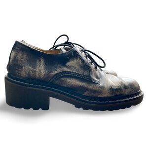 Vintage 90s Black White Leather Chunky Heel Oxford Paint Splatter Size 9